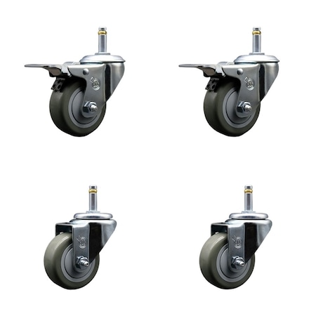 Service Caster 3'' Gray Poly Wheel Swivel 7/16'' Stem Caster Set 2 Total Lock Brake, 4PK SCC-GRTTL20S314-PPUB-716138-2-S-2